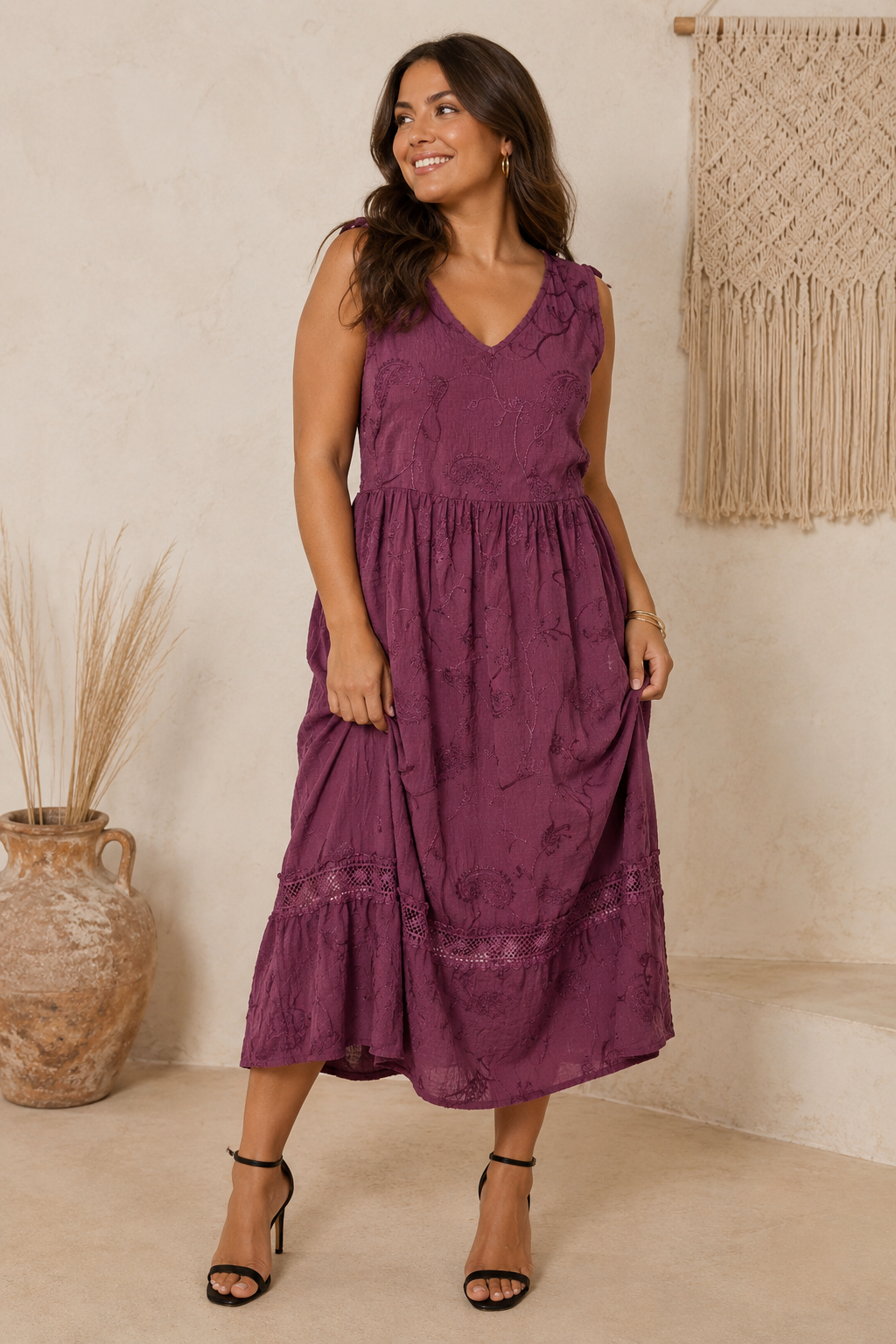 Ada Paisley Embroidered Dress Burgundy