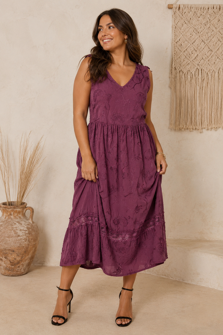 Ada Paisley Embroidered Dress Burgundy