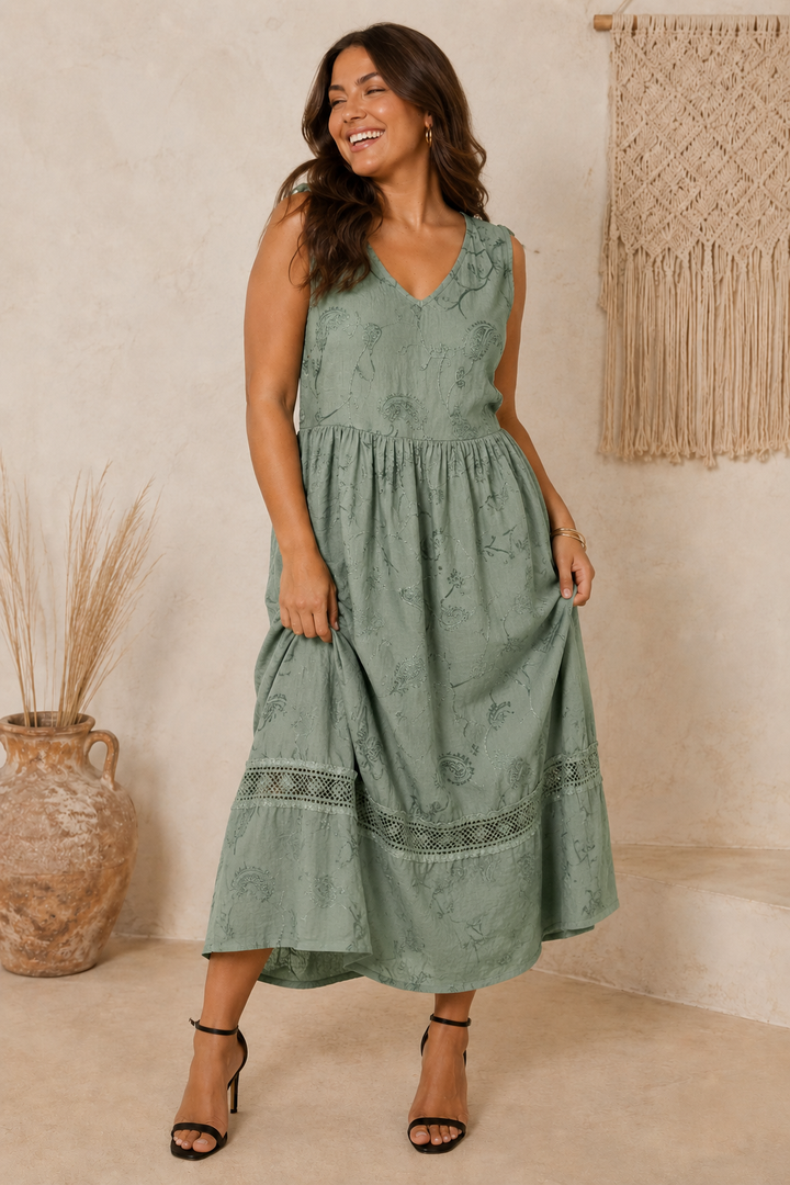Ada Paisley Embroidered Dress Khaki