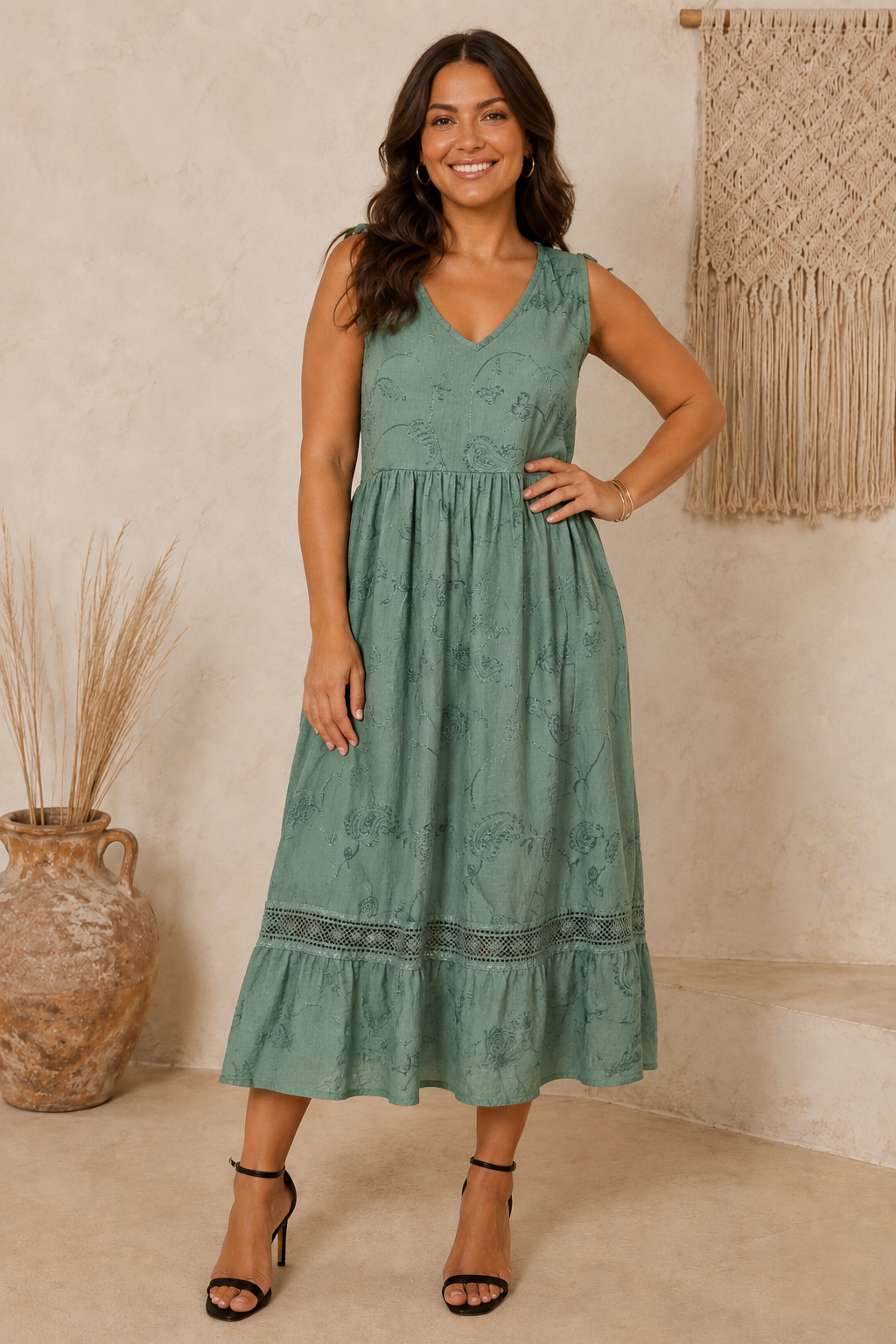 Ada Paisley Embroidered Dress Khaki