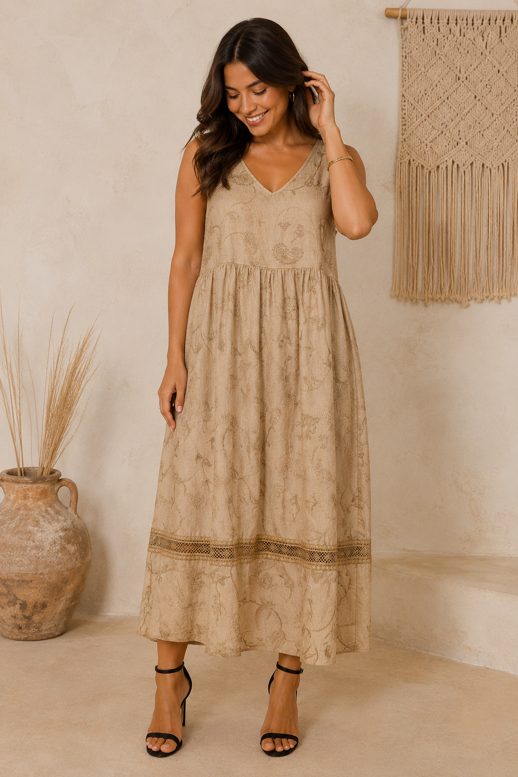 Ada Paisley Embroidered Dress Camel