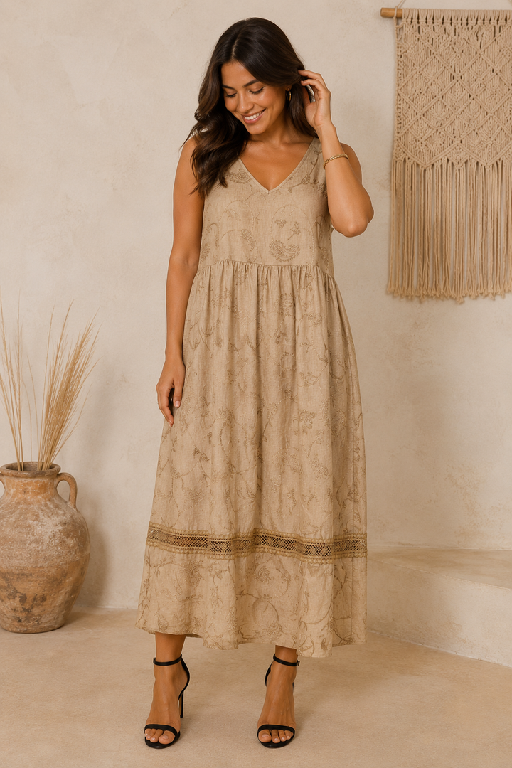 Ada Paisley Embroidered Dress Camel