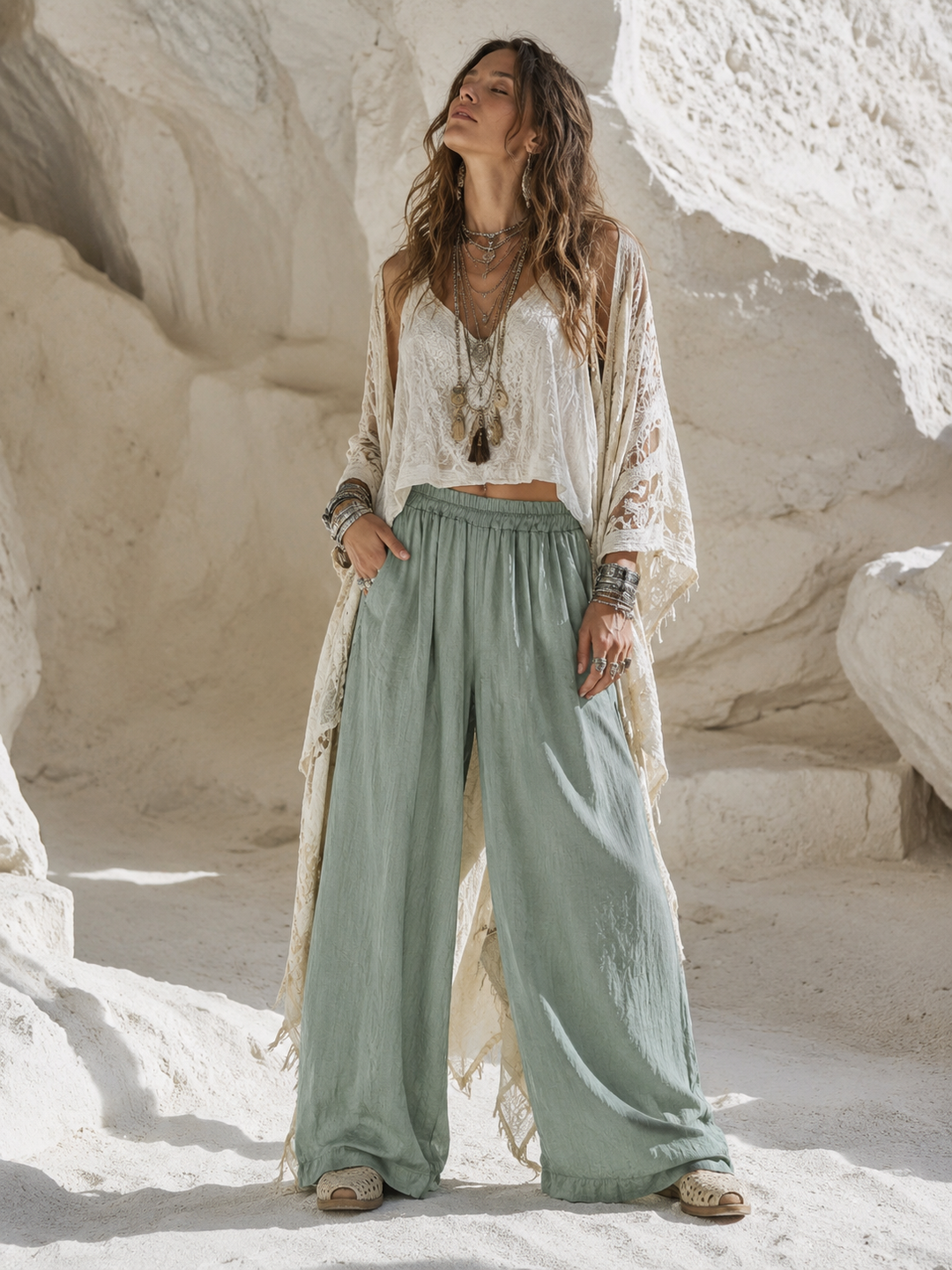 Meredith Wide Leg Trousers Khaki