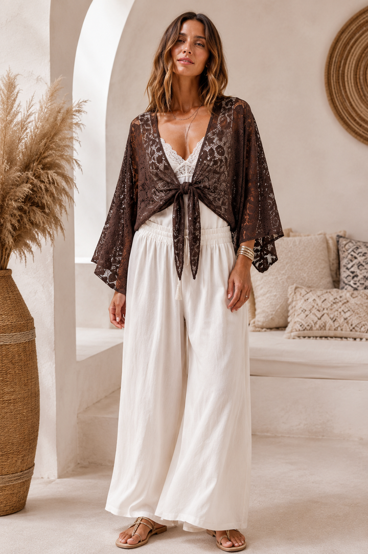 Lace Tie Front Shrug Chocolate