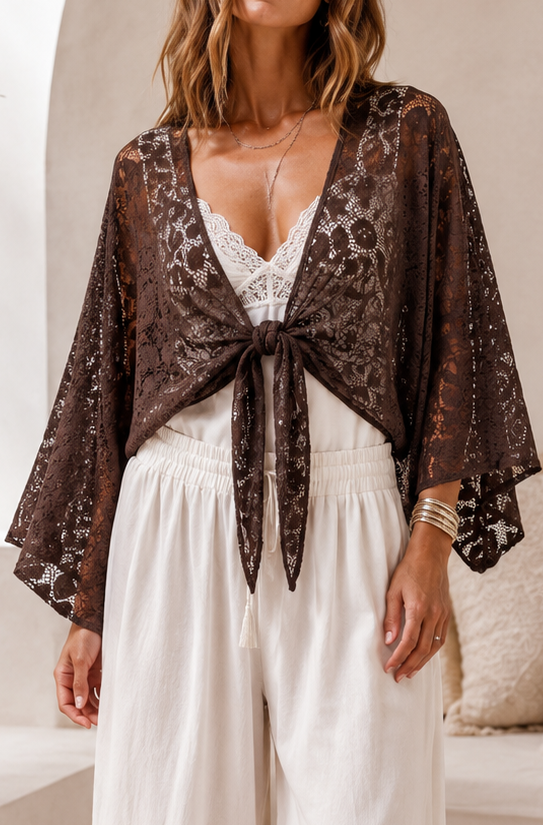 Lace Tie Front Shrug Chocolate