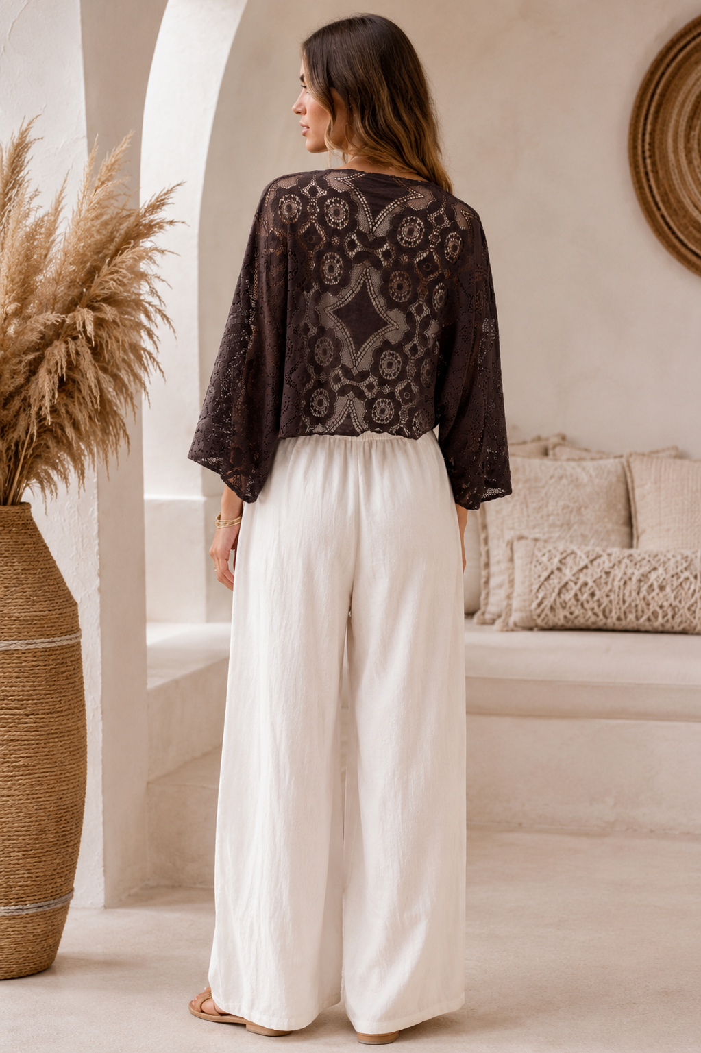 Lace Tie Front Shrug Chocolate