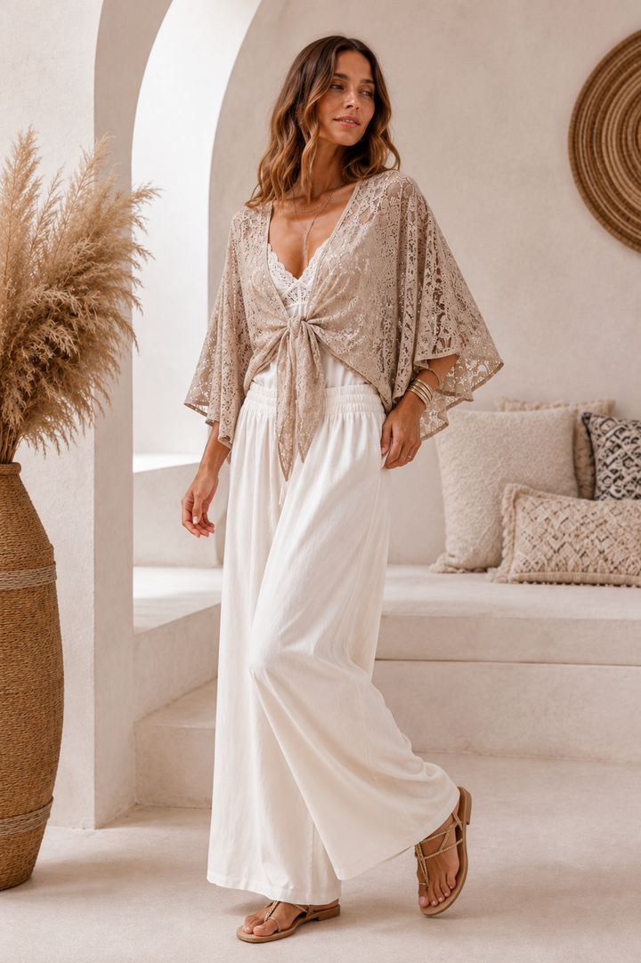 Lace Tie Front Shrug Coffee