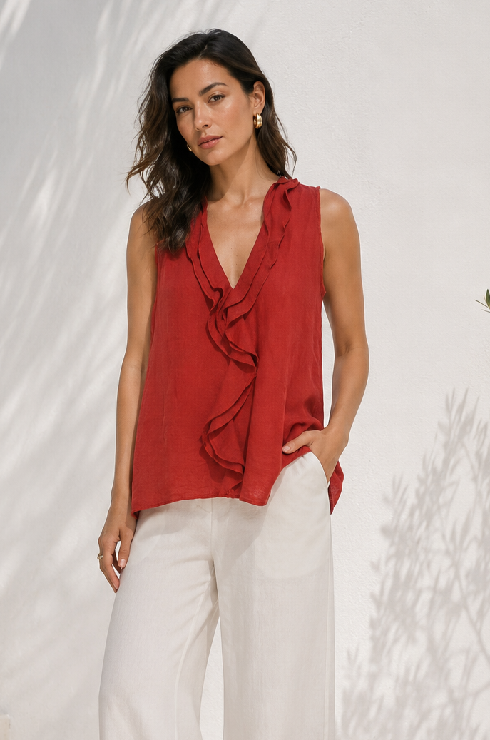 Valentina Linen Frill Top Terracotta