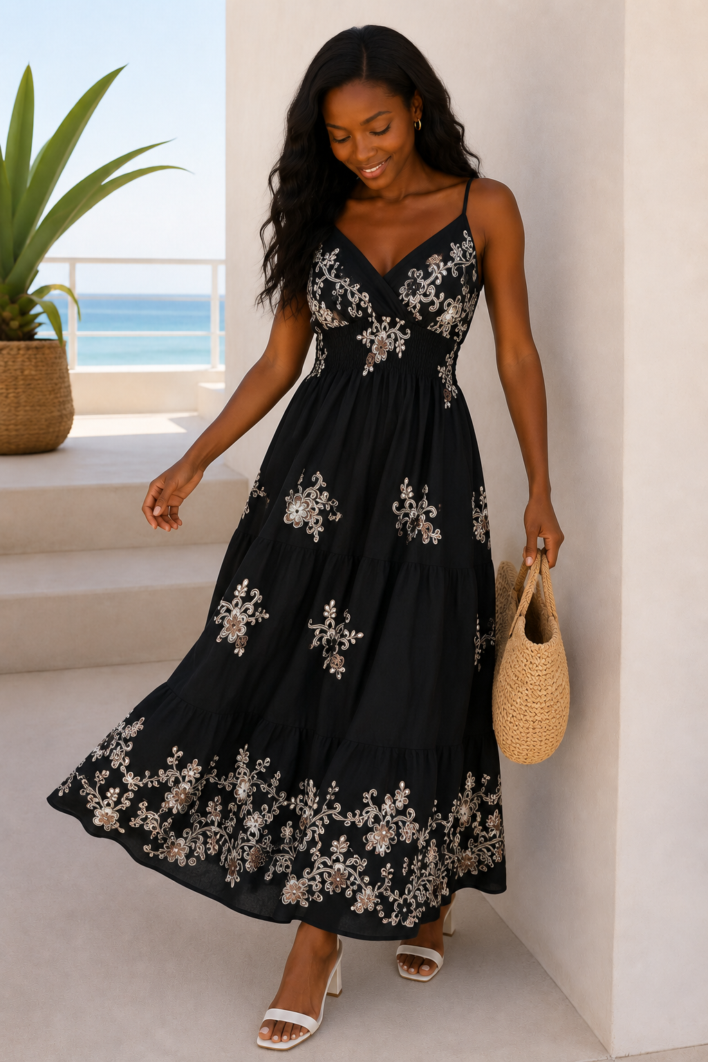Elodie Tiered Midaxi Dress Black