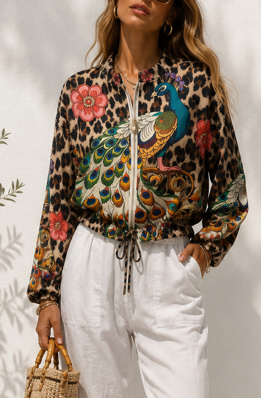Leopard Peacock Zip Up Jacket