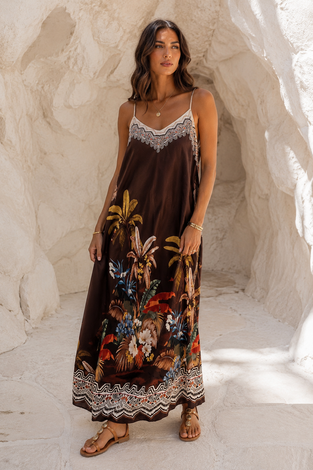 Aztec Palm Dress Chocolate