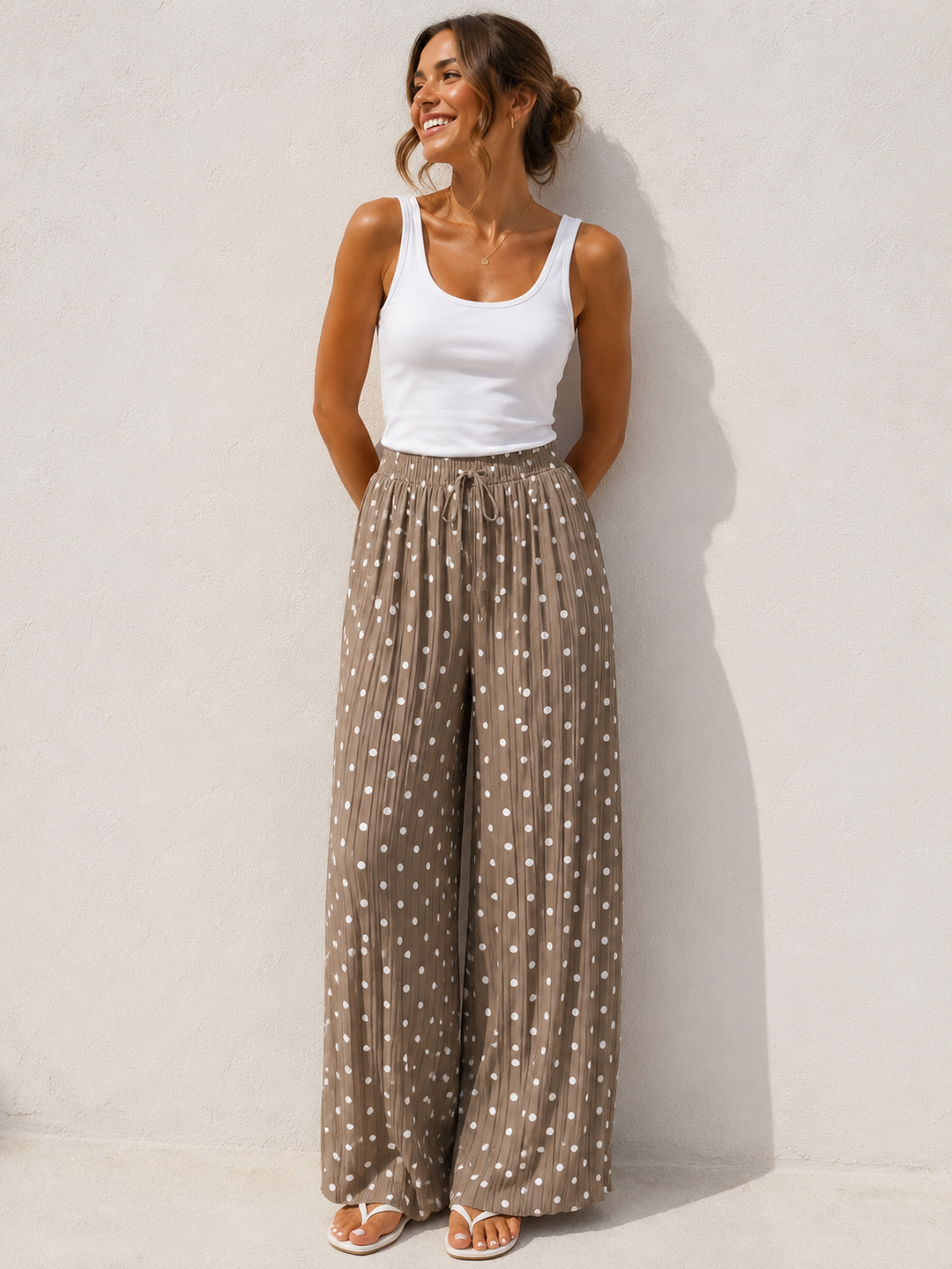 Polly Pleat Polka Dot Trousers Mocha