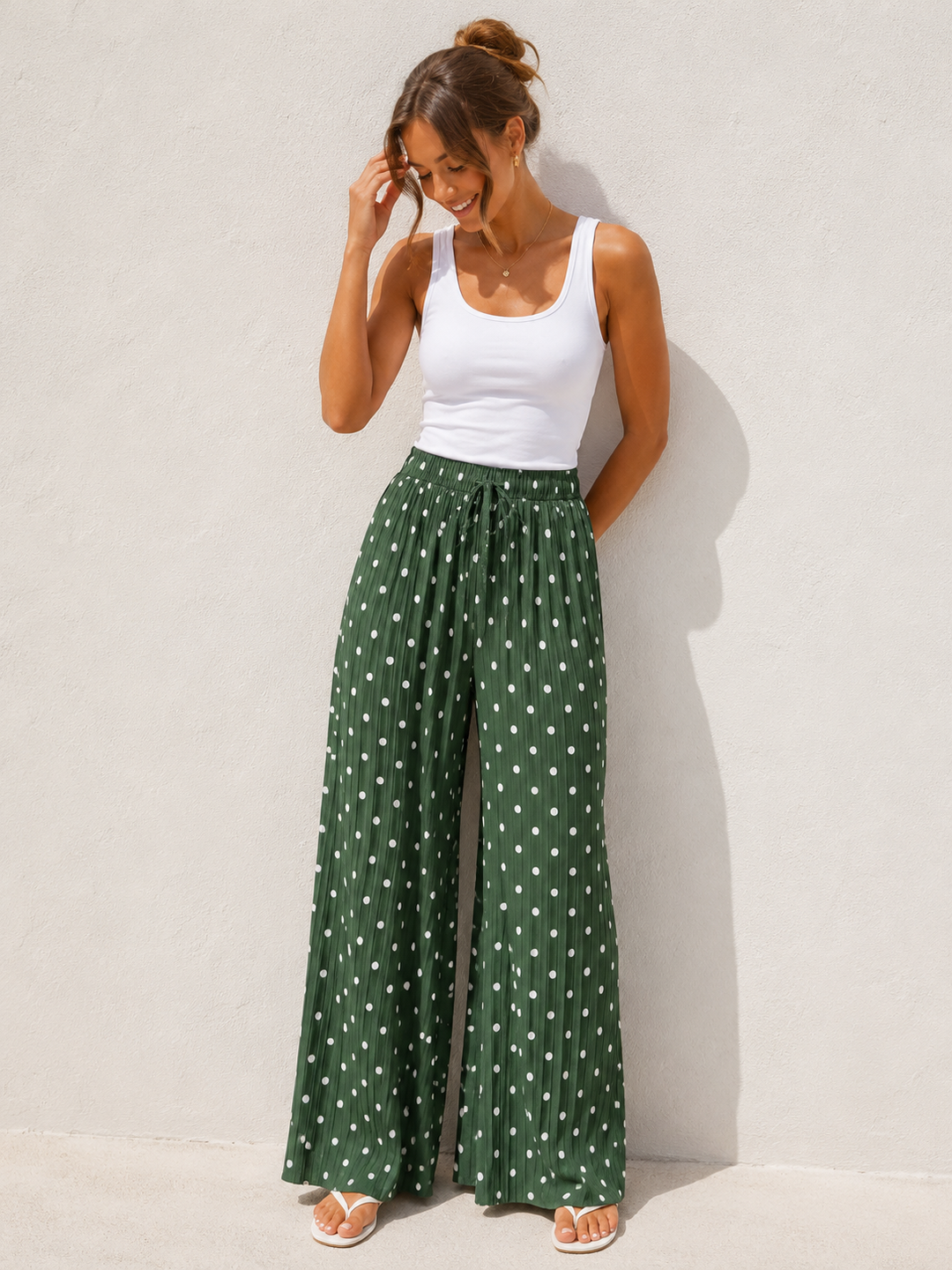 Polly Pleat Polka Dot Trousers Fern