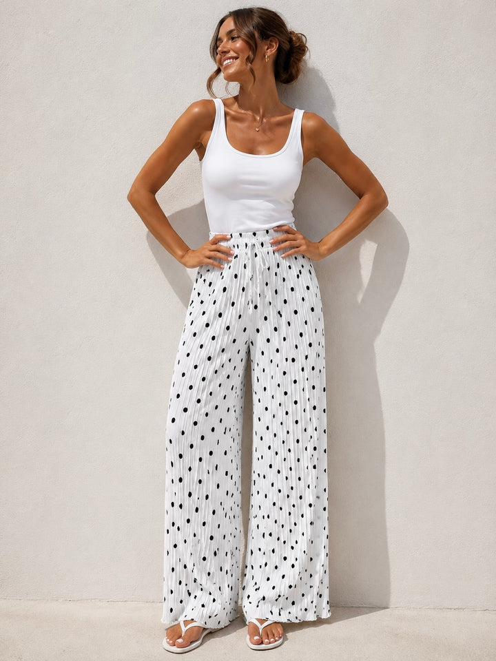 Polly Pleat Polka Dot Trousers White