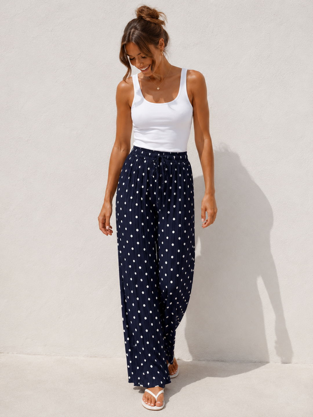 Polly Pleat Polka Dot Trousers Navy