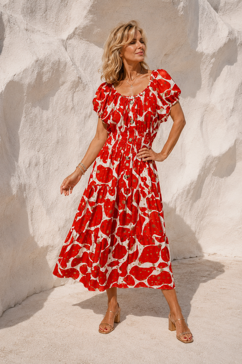 Lena Symbolic Midi Dress Red & Gold