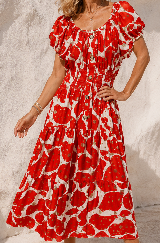 Lena Symbolic Midi Dress Red & Gold
