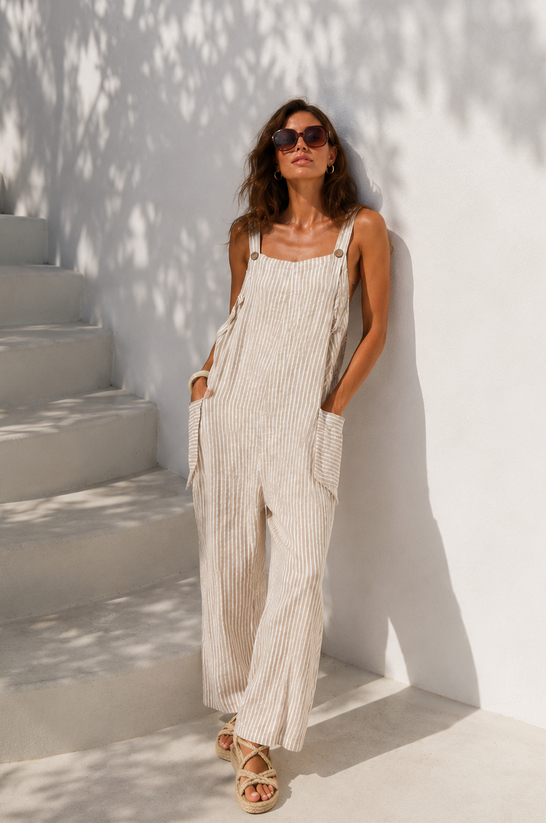 Blaire Stripe Dungarees Beige