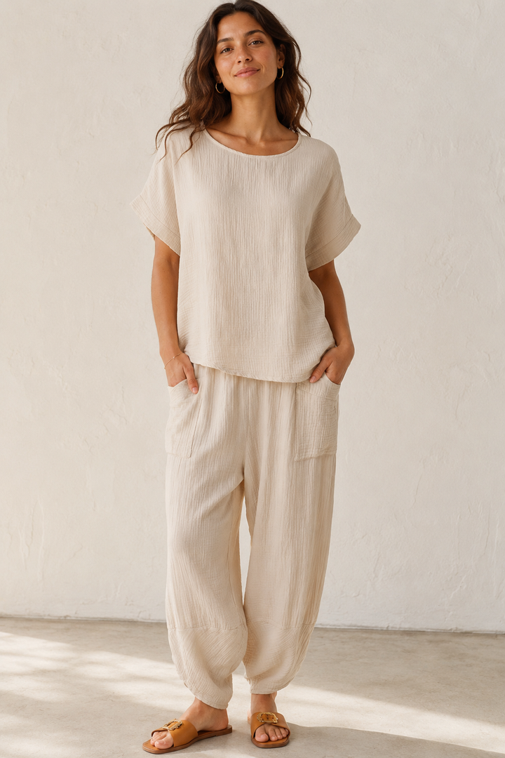 Havana Crinkle Trouser Co Ord Beige