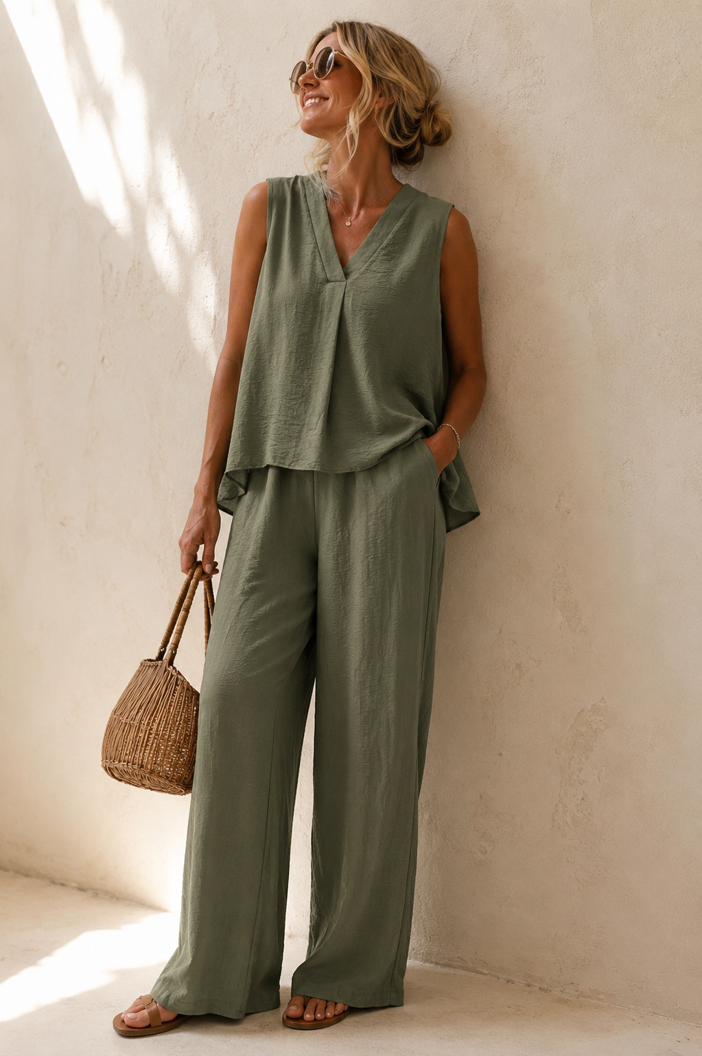 Deja V Neck Co-Ord Khaki