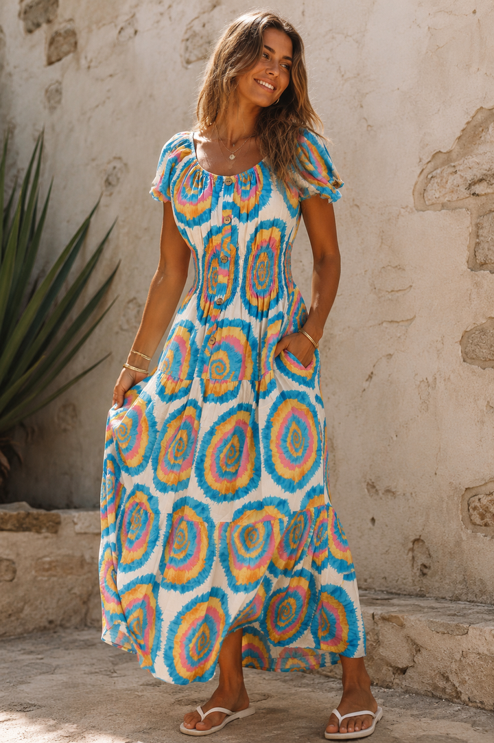 Inez Abstract Print Maxi Dress Aqua