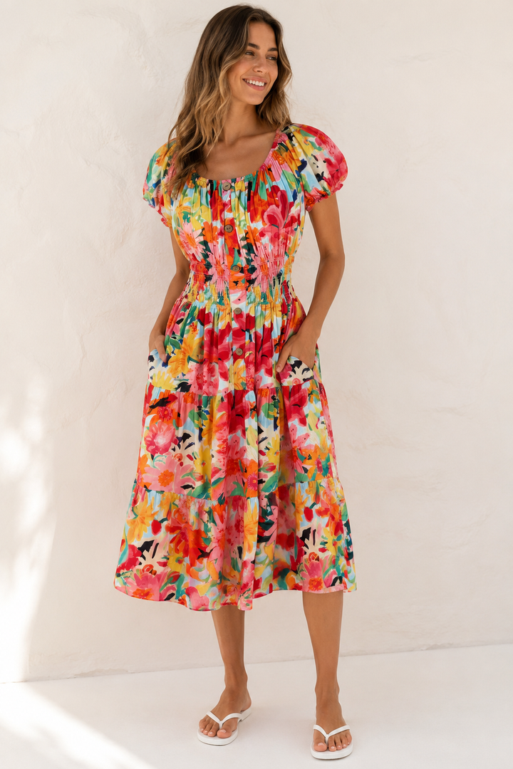 Floral Splash Midi Dress Pink