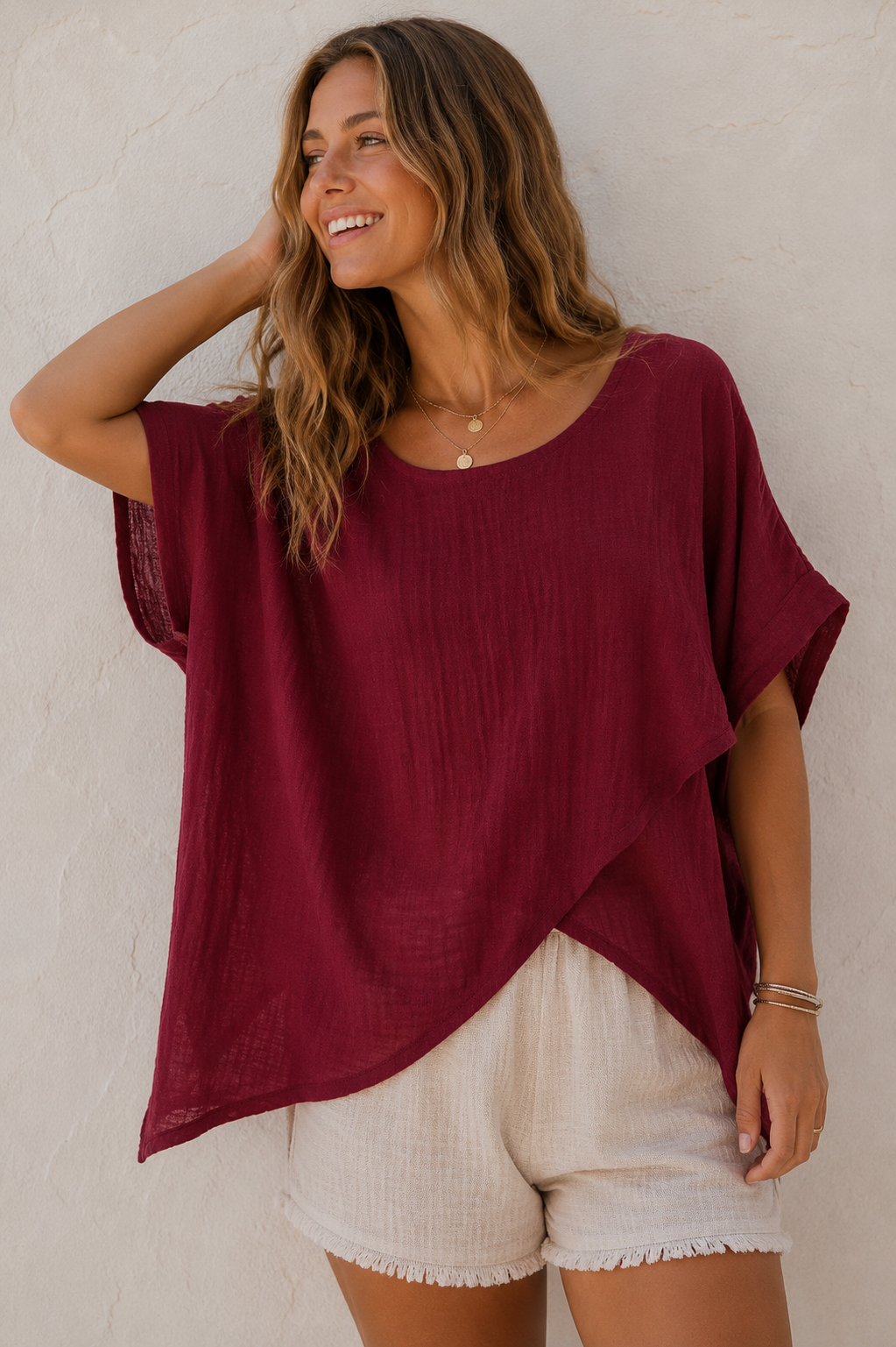 Tessa Cotton Cross Layering Top Burgundy