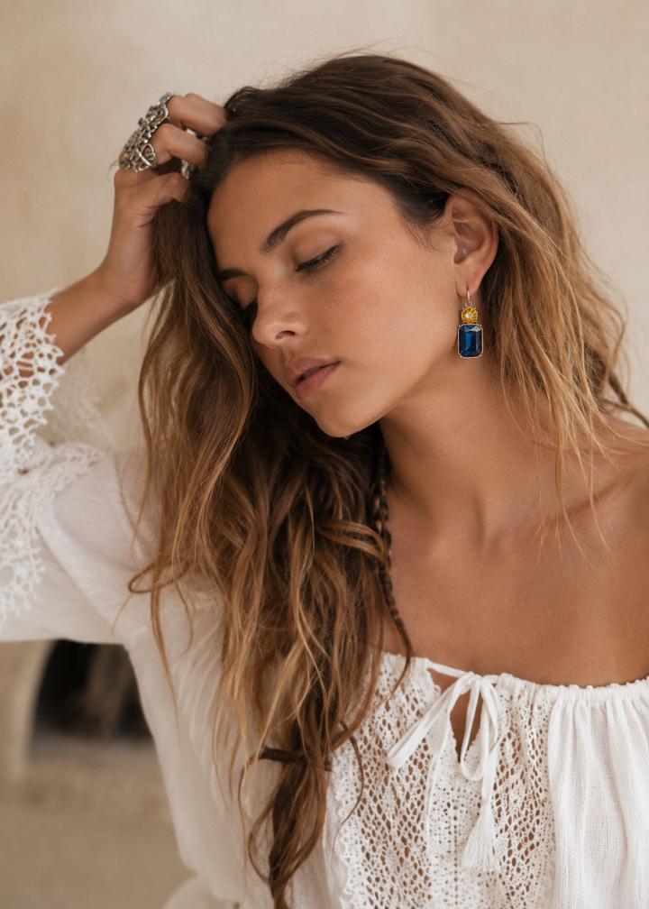 Twin Gem Earrings Azure & Yellow