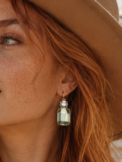 Twin Gem Earrings Sage & Crystal