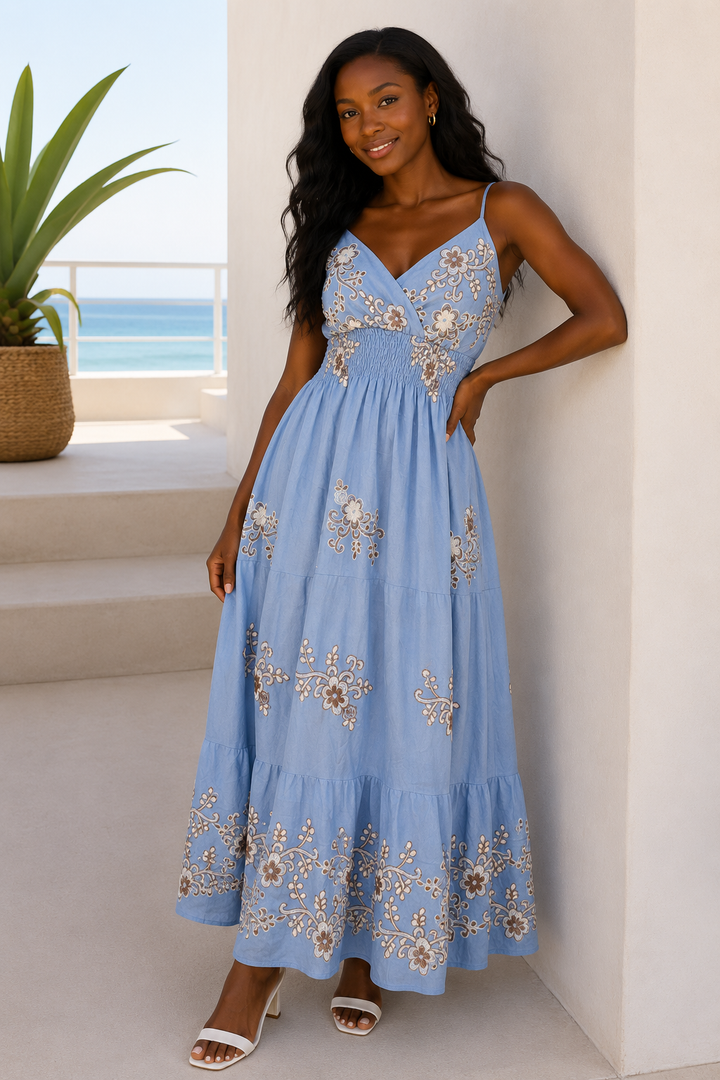 Elodie Tiered Midaxi Dress Denim