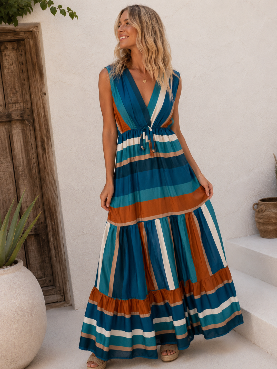 Isla Block Stripe Dress Teal