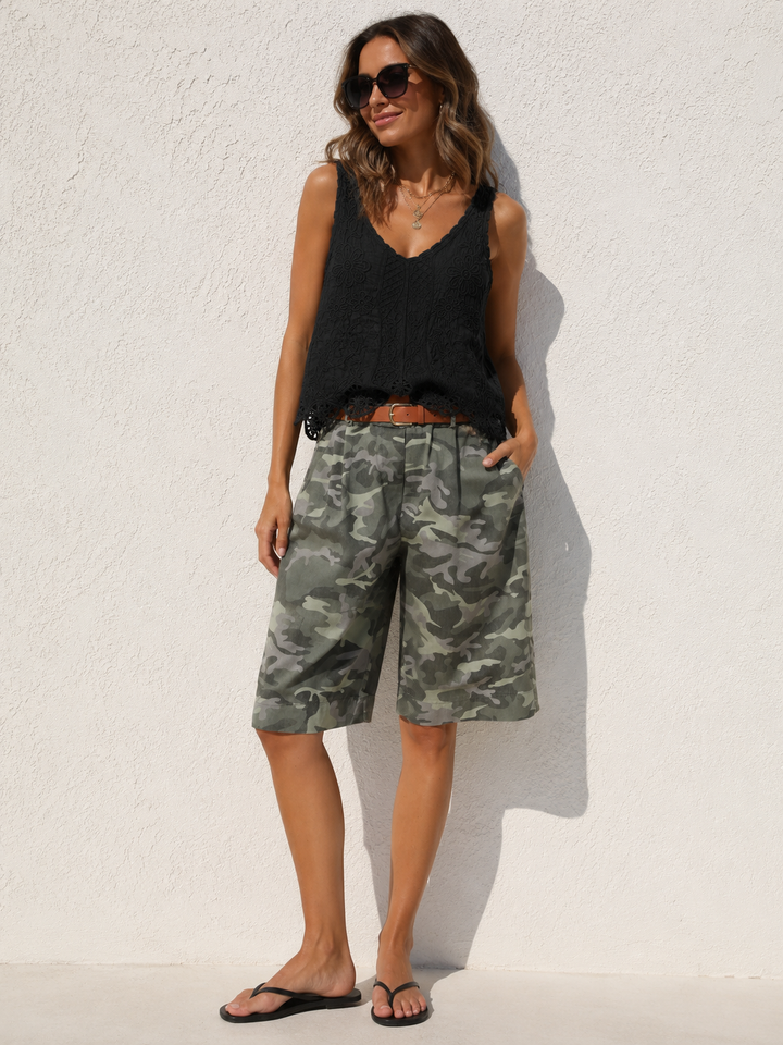 Camo Breeze Belted Shorts Khaki