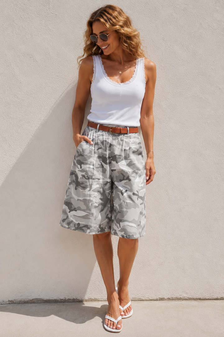 Camo Breeze Belted Shorts Grey