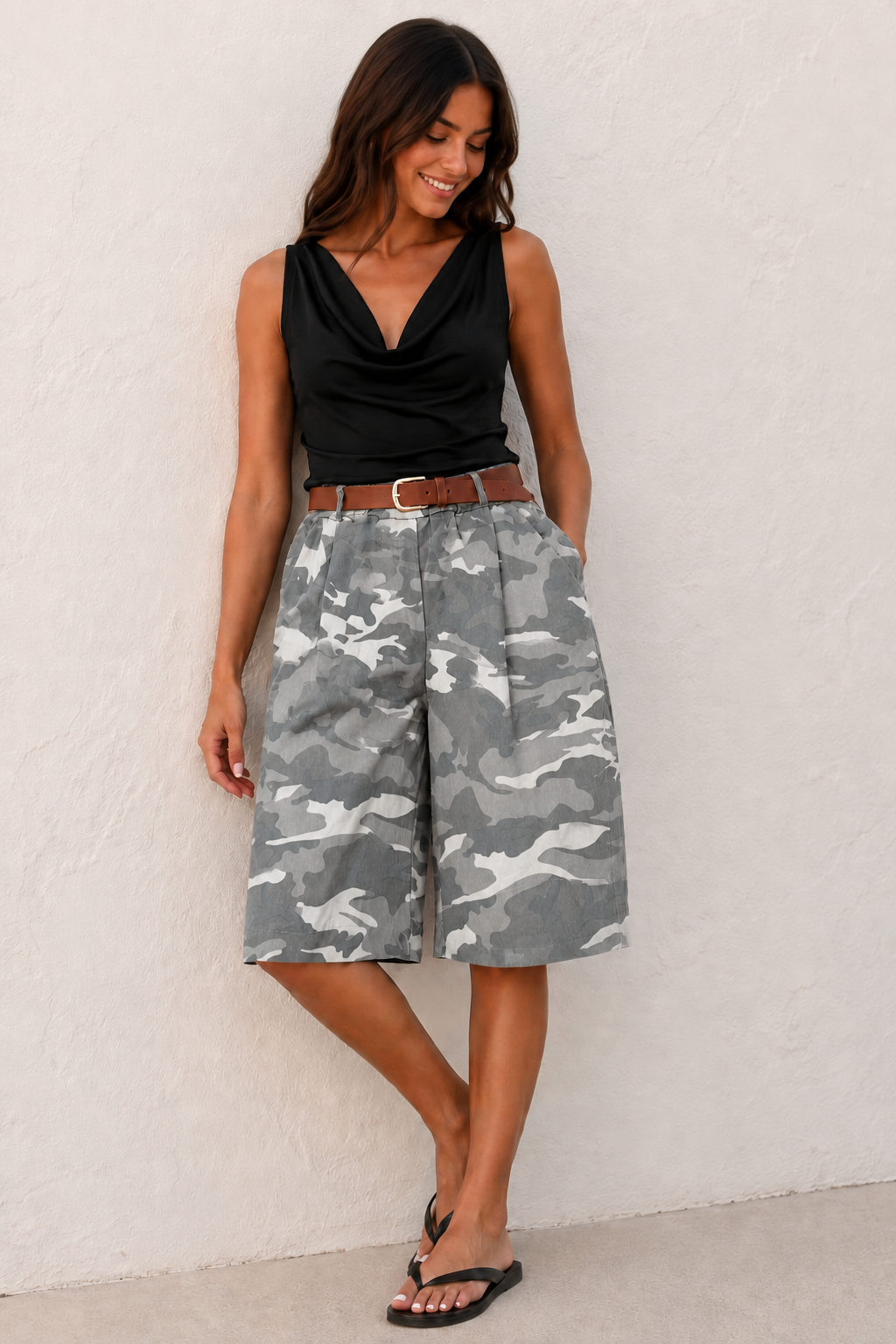 Camo Breeze Belted Shorts Beige