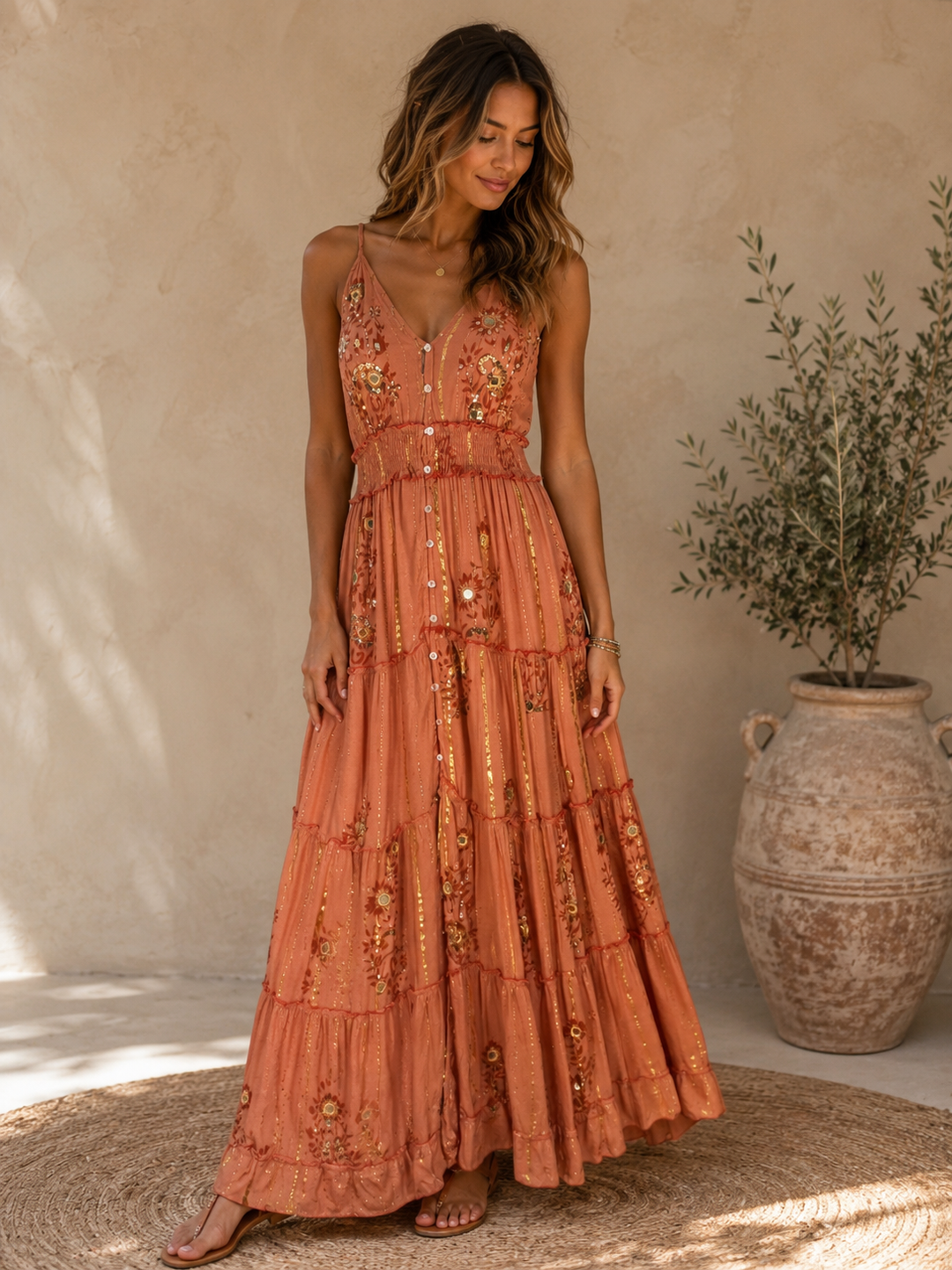 Bohemian Embellished Maxi Dress - Rust