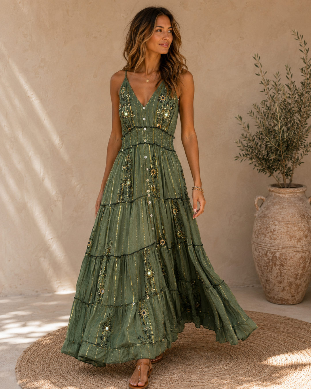 Bohemian Embellished Maxi Dress - Khaki