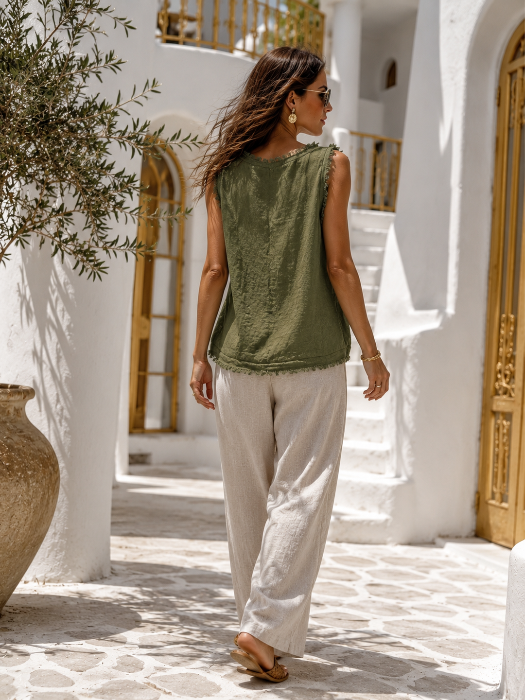 Livia Frayed Edge Linen Top Khaki