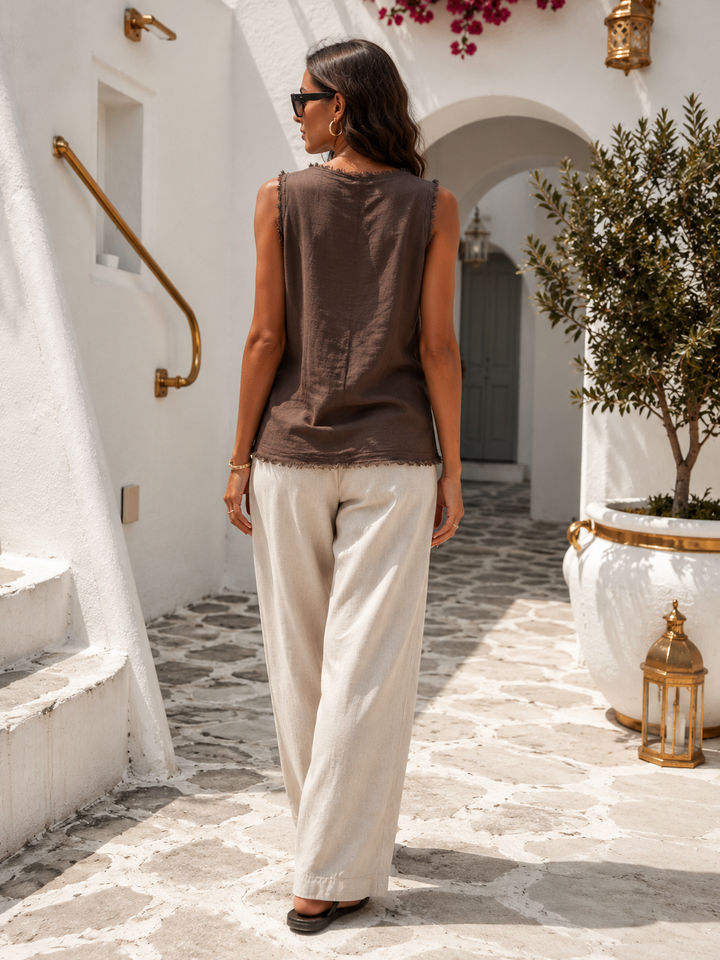 Livia Frayed Edge Linen Top Chocolate