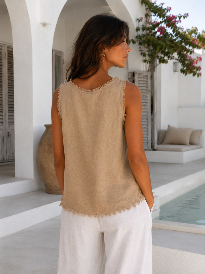 Livia Frayed Edge Linen Top Camel