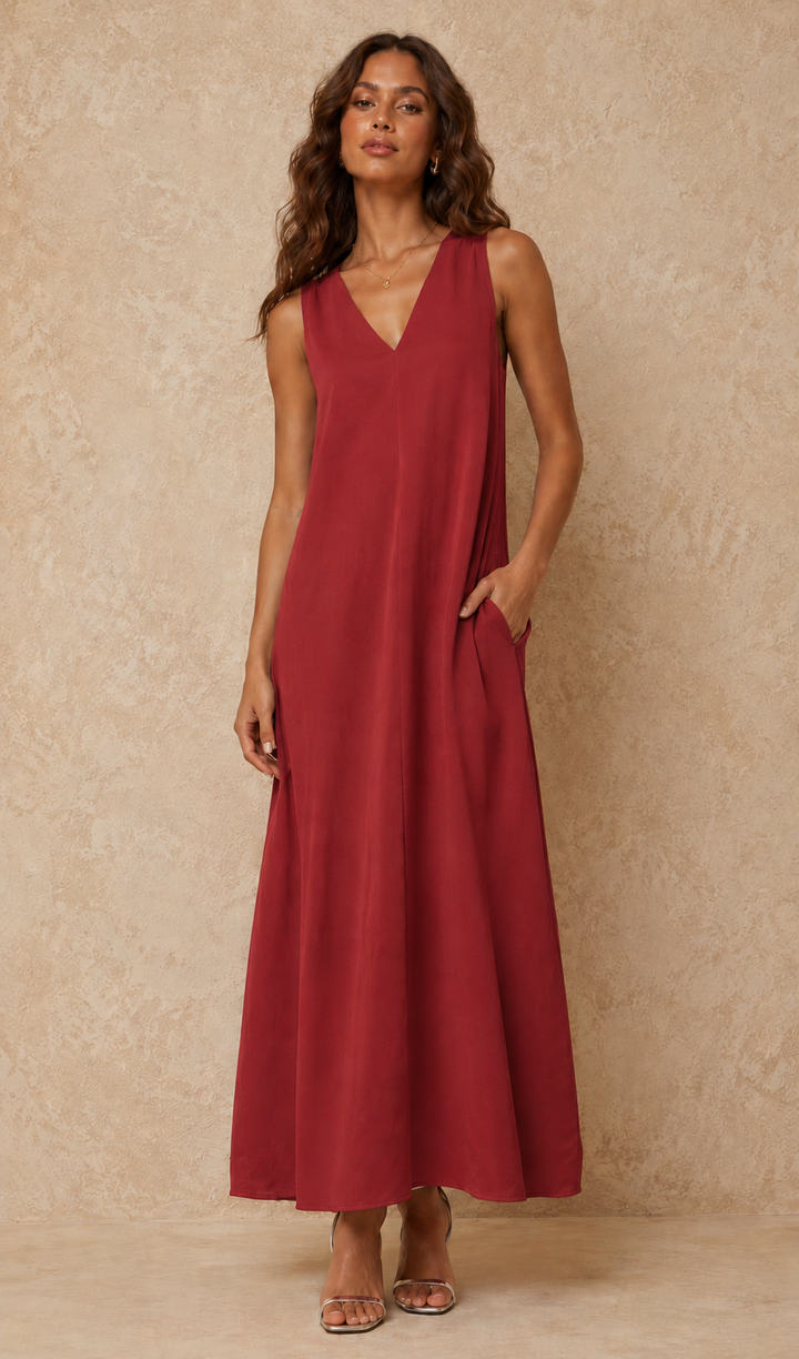 Viola V Neck Dress Cherry