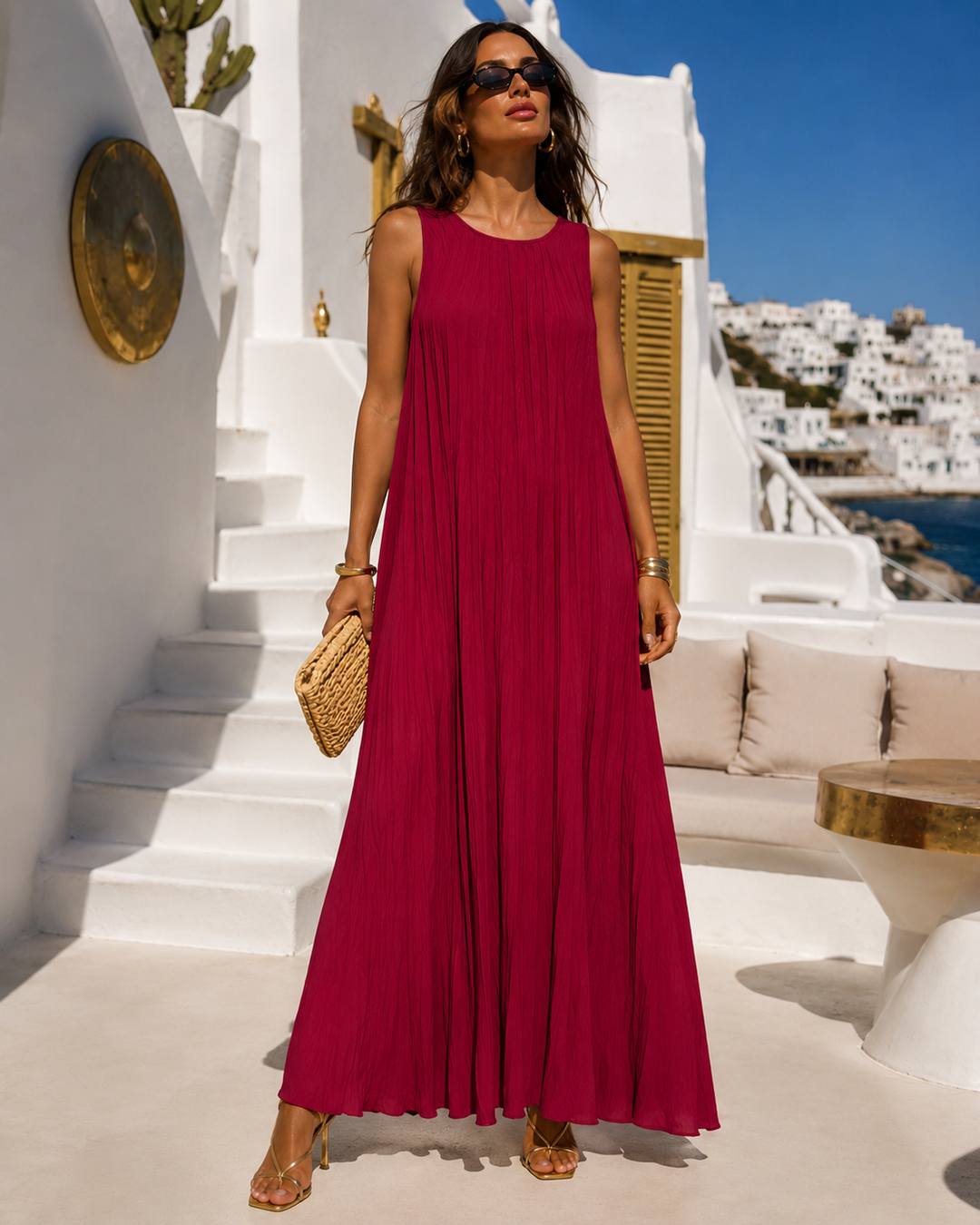 Leontina Pleated Tie Dress Burgundy