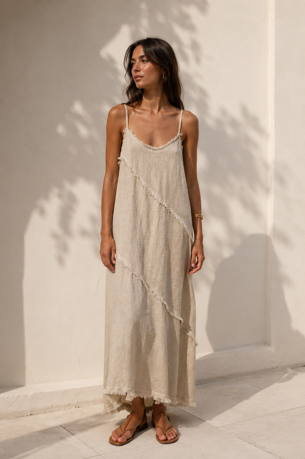 Imani Frayed Edge Dress Beige