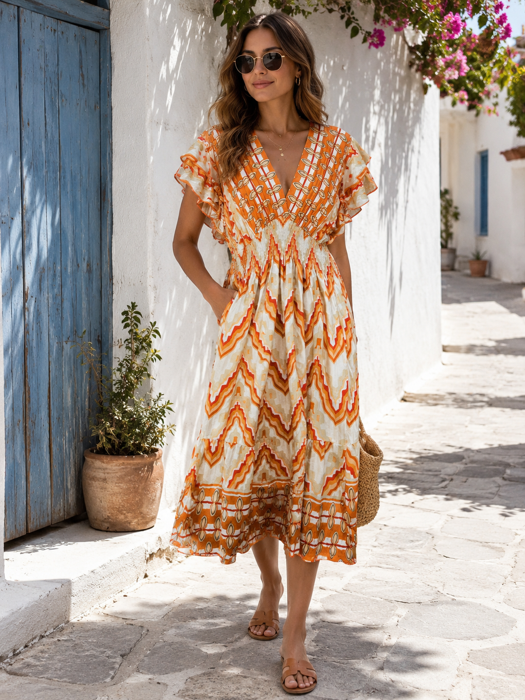 Jemina Aztec Print Midi Dress Orange