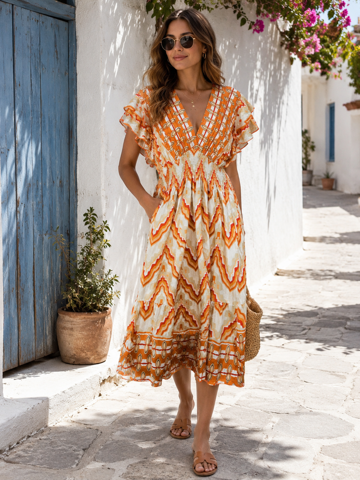 Jemina Aztec Print Midi Dress Orange
