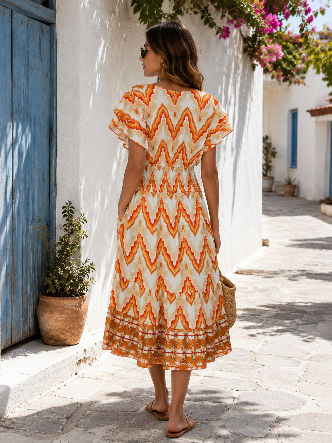 Jemina Aztec Print Midi Dress Orange