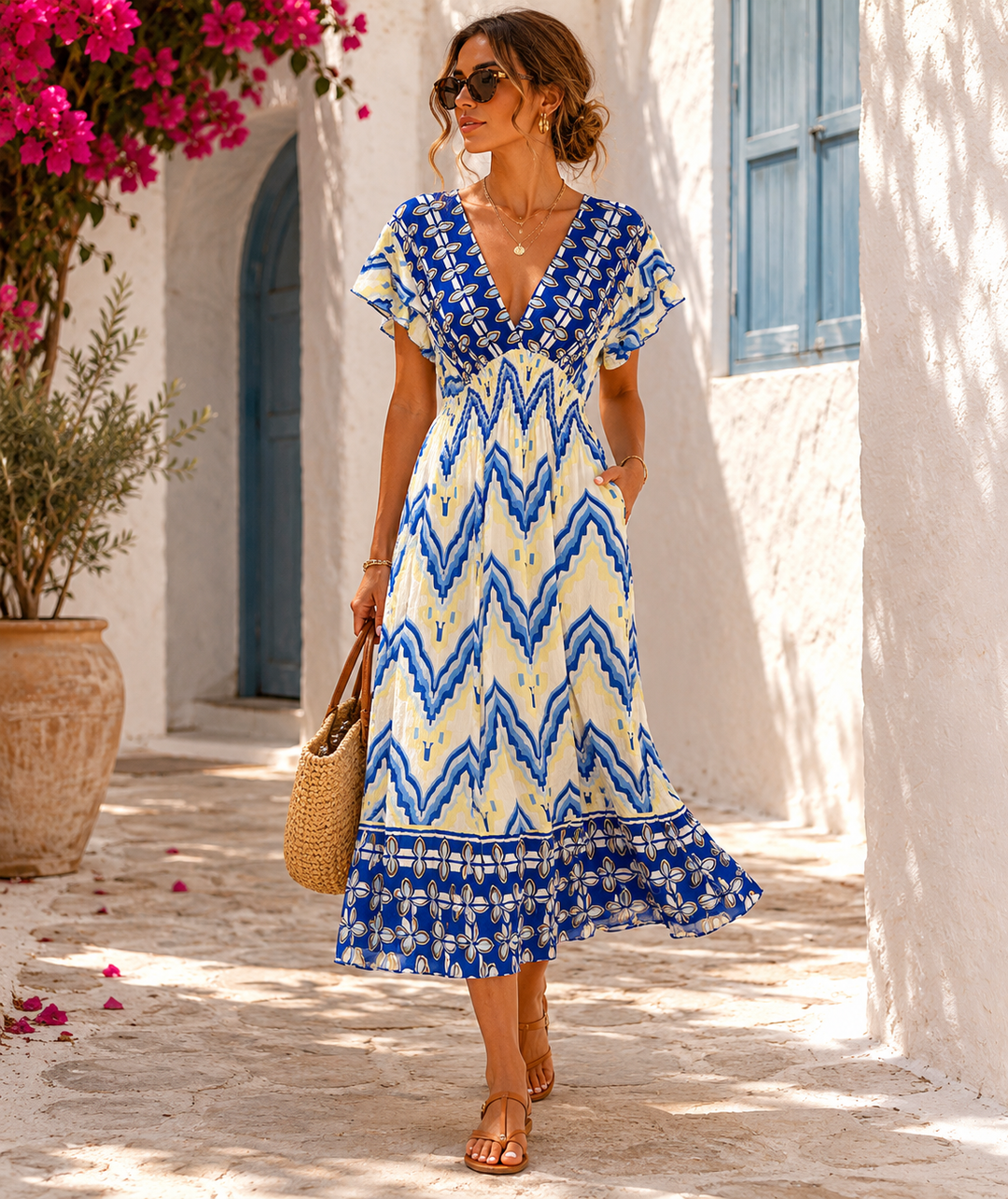 Jemina Aztec Print Midi Dress Blue