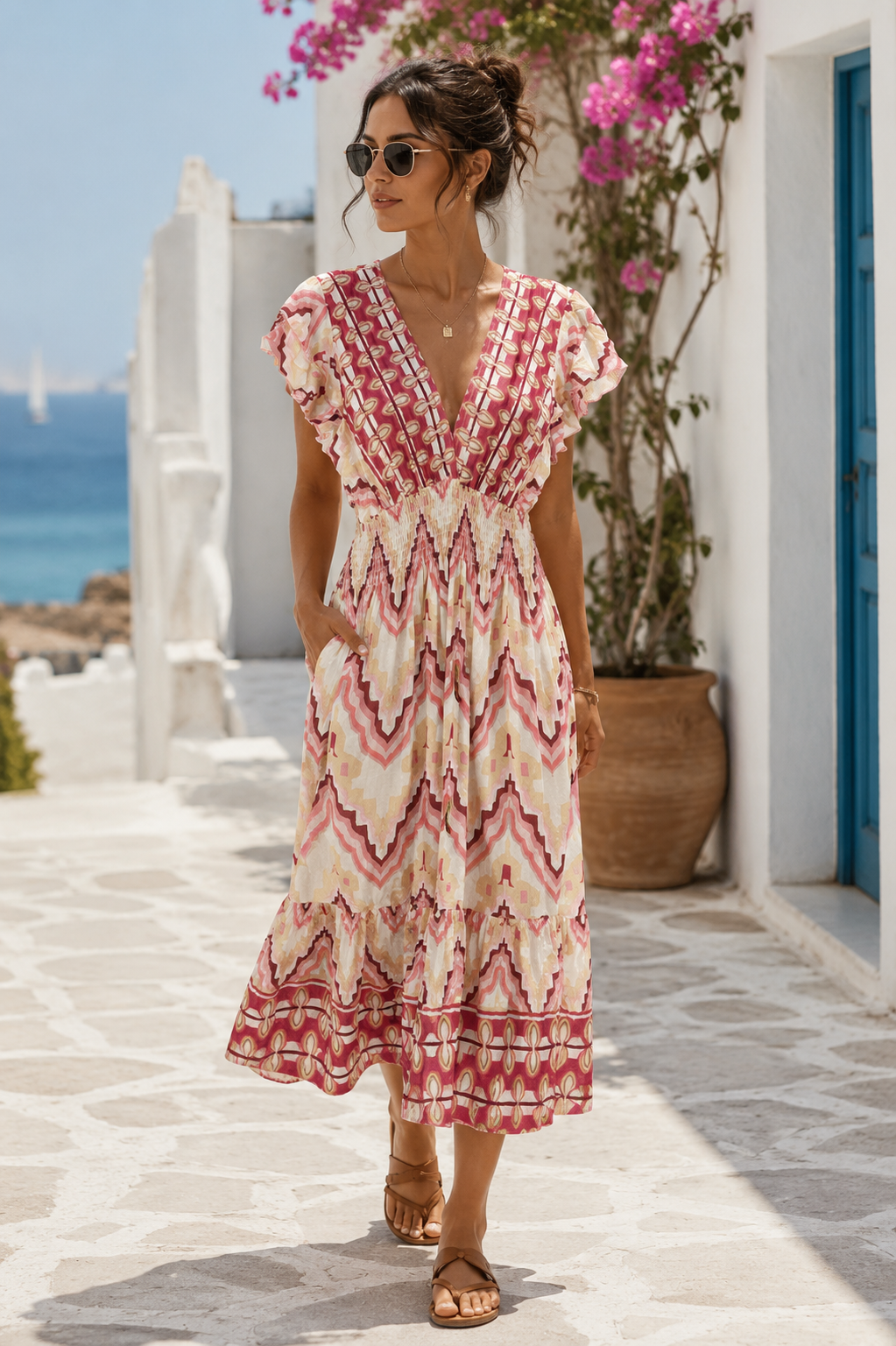 Jemina Aztec Print Midi Dress Pink
