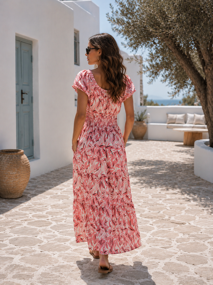 Inez Leaf Print Maxi Dress Pink