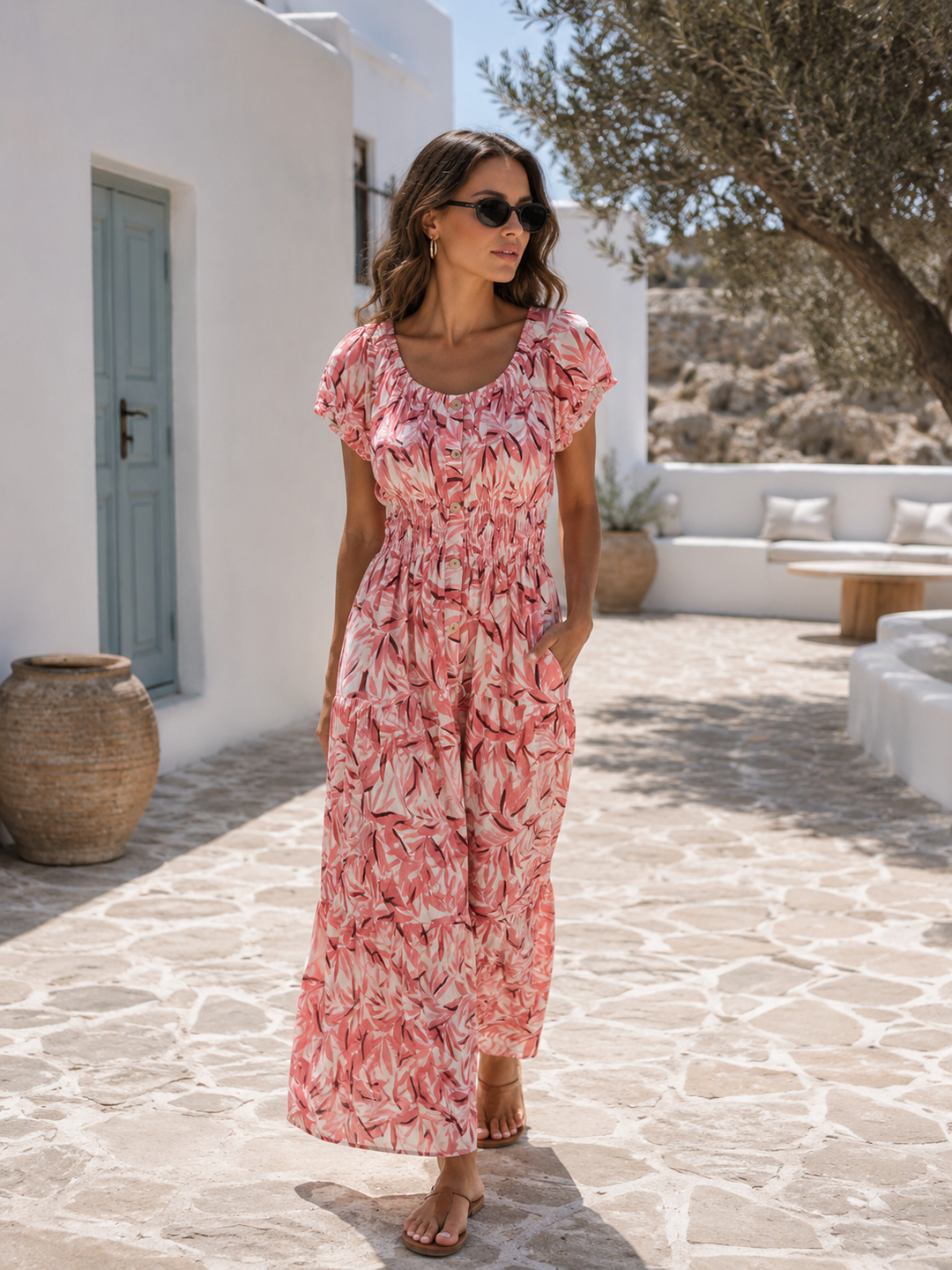 Inez Leaf Print Maxi Dress Pink