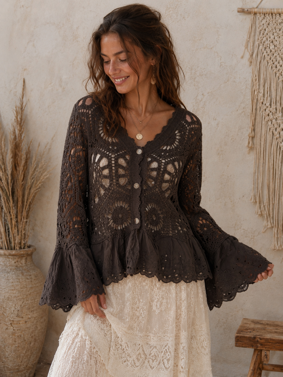 Mae Broderie Crochet Cardigan Chocolate